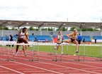 256 Aahley Helsby (Liverpool Harriers), wins the 100 metres hurdles final, Northern Championships, Sport City, Manchester